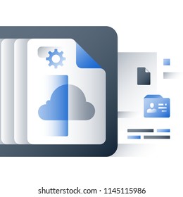 Cloud technology, business solutions, data exchange, document file storage, fast upload and download, online services development, network connection, backup server, vector flat icon