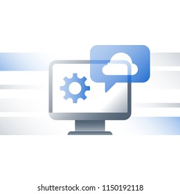 Cloud technology, business solutions, data exchange, document file storage, fast upload and download, online services development, network connection, backup server, vector flat icon