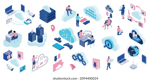 Conjunto de colores de tecnología de nube con símbolos de grandes datos ilustración vectorial aislada isométrica