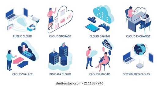 Cloud technology compositions set with cloud upload symbols isometric isolated vector illustration