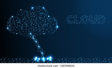 Cloud Technology. Cloud Computing, Big Data or Cloud Computing Concept. Wireframe Cloud Storage Sign on Dark Blue Background. Vector Illustration or Background.