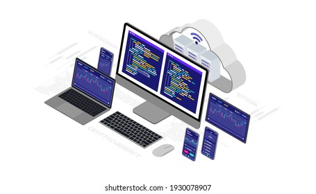 Cloud technology computing concept, bitcoin cryptocurrency blockchain. Vector 3d isometric illustration network with computer, laptop, tablet, and smartphone.