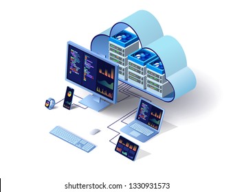 Cloud technology computing concept. Data center concept. Modern cloud technologies. Vector 3d isometric illustration network with computer, laptop, tablet, and smartphone. For web design, presentation