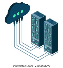 Cloud technology computing concept. Data center concept. Cloud storage. Server room isometric. Database connection. Server rack. Vector illustration