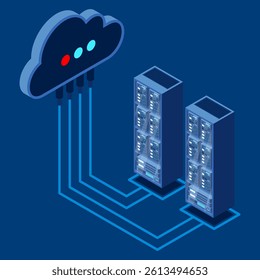 Cloud technology computing concept. Data center concept. Cloud storage. Server room isometric. Database connection. Server rack. Isometric technology