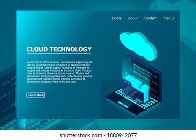 Cloud technology computing concept. Isometric cloud technology with folder data and laptop. Modern cloud technologies. Vector illustration