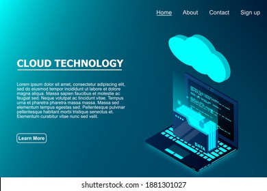 Cloud technology computing concept. Isometric cloud technology with folder data and laptop. Modern cloud technologies. Vector illustration