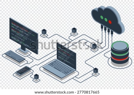 Cloud technology computing concept. Modern cloud technology. Data center isometric concept. Isometric cloud technology with datacenter. Web hosting concept. Isometric technology