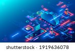 Cloud technology. Cloud computing. Devices connected to digital storage in data center via internet. IOT. Smart home. Communication laptop, tablet, phone and domestic devices with online database.