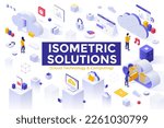 Cloud Technology and Computing isometric solutions elements collection. Digital data storing on virtual servers 3d vector illustrations. Access to information on internet. Space for business