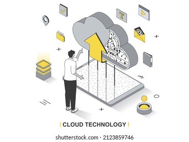 Cloud technology concept in 3d isometric outline design. User uploads and shares files online, creates backup, cloud storage and computing, line web template. Vector illustration with people scene