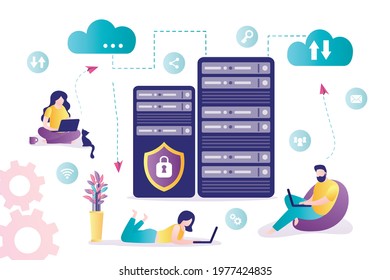 Cloud technology, concept banner. Group of users uploading and downloading information from remote server. Data center with servers. Safe storage of information. Cloud computing. Vector illustration
