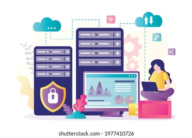 Cloud technology, concept banner. Woman user uploading and downloading information from remote server. Data center with servers. Safe storage of information. Cloud computing. Flat Vector illustration