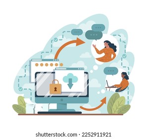 Cloud technology concept. Data information storage and exchange. Idea of modern digital technology and information management. Vector flat illustration