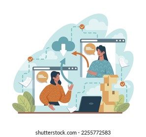 Cloud technology concept. Data information storage and exchange. Idea of modern digital technology and information management. Vector flat illustration