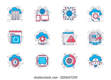 Cloud technology concept flat line icons set. Cloud storage and database servers. Bundle of networking, global, search, settings, security, other. Vector conceptual pack outline symbols for mobile app