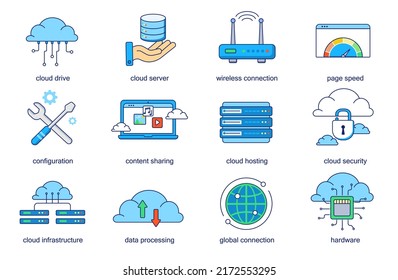 Conjunto de iconos de línea de concepto de tecnología de nube. Empaquetar los pictogramas de unidad, servidor, conexión inalámbrica, velocidad de página, configuración, uso compartido de contenido. Elementos planos vectores para aplicaciones móviles y diseño web