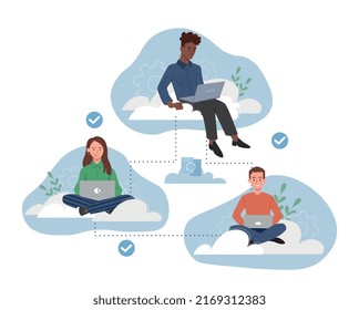 Concepto de tecnología de nube. Hombres y niñas con laptops, charlando en internet. Los empleados remotos trabajan en proyectos comunes, comparten archivos. El concepto de freelance y coworking. Dibujo vectorial plano de dibujos animados