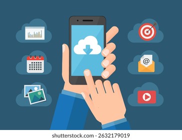 Cloud technology Concept on handphone Devices. Business smart working online connect to technology cloud computing service concept stock illustration