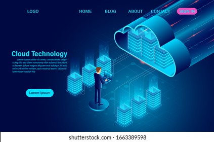 Cloud technology concept. online computing technology. big data flow processing concept on map. isometric flat design vector illustration