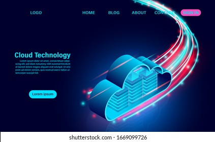 Cloud Technology Concept. Online Computing Technology. Big Data Flow Processing Concept. Isometric Flat Design Vector Illustration