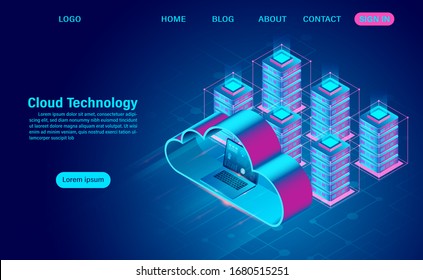 Cloud technology concept. online computing technology. big data flow processing concept. isometric flat design vector illustration