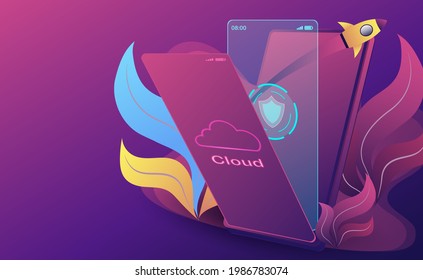 Cloud technology concept. online computing technology. big data flow processing concept. isometric flat design vector illustration