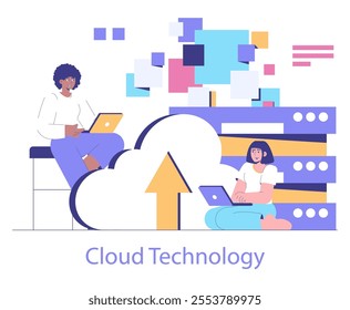 Cloud Technology concept. Professionals interact with cloud computing systems for data access and storage. Seamless collaboration and digital workflow in the modern tech environment. Vector