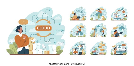 Cloud technology concept set. Data information storage and exchange. Idea of modern digital technology and information management. Vector flat illustration