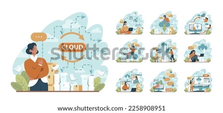 Cloud technology concept set. Data information storage and exchange. Idea of modern digital technology and information management. Vector flat illustration