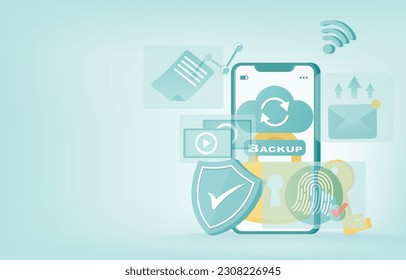 Cloud technology concept. Cloud software backup, data storage, application technology, personal sensitive detail, firewall, synchronization. Flat vector design illustration with copy space.
