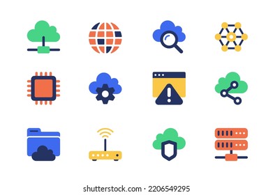 Cloud Technology Concept Of Web Icons Set In Simple Flat Design. Pack Of Storage, Server, Search, Microchip, Settings, Link, Folder, Upload, Personal Data And Other. Vector Pictograms For Mobile App