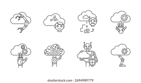 Definição de ícones de conceitos de tecnologia em nuvem representando a transformação digital e o vetor de automação