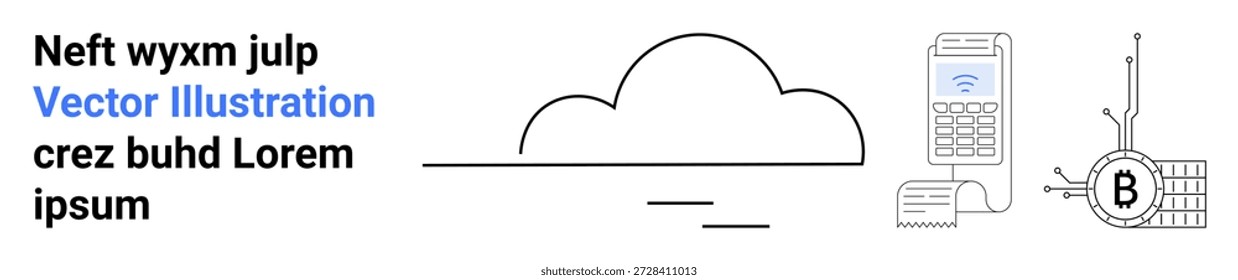 Cloud technology, cryptocurrency transactions, financial payments, digital wallets, fintech, blockchain solutions. Minimal line art showing a cloud, blockchain and a payment terminal. Cloud