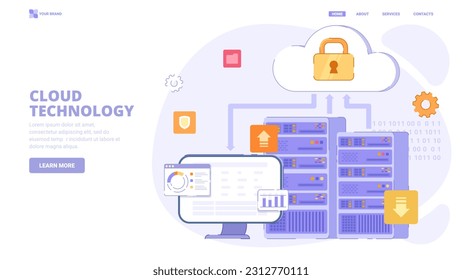 Cloud technology, data server, remote database, cloud computing, data centre, remote data storage, saas.  Flat design concept for landing page. Vector illustration for website, banner.