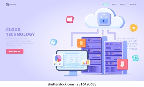 Cloud-Technologie, Datenserver, Remote-Datenbank, Cloud-Computing, Rechenzentrum, Remote-Datenspeicher, Saas. 3D-Design-Konzept für Landing-Page. Dreidimensionale Vektorgrafik für Website, Banner.