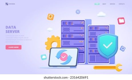 Cloud technology, data server, remote database, cloud computing, data centre, remote data storage, saas. 3d design concept for landing page. Three dimensional vector illustration.
