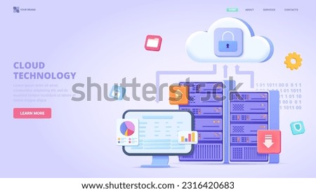 Cloud technology, data server, remote database, cloud computing, data centre, remote data storage, saas. 3d design concept for landing page. Three dimensional vector illustration for website, banner.