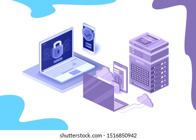 Cloud technology. Data servers testing, save and protection. Smart modern technologies. Data servers in flat isometric vector illustration.