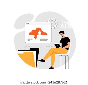 Cloud technology, data storage and backup. Man working with cloud computing and database service. Illustration with people scene in flat design for website and mobile development.	
