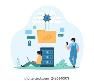 Cloud technology for data storage and management. Tiny people organize private information in folder and backup files, users download documents with network connection cartoon vector illustration