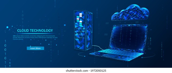 Cloud technology. Data transfer scheme, polygonal secure connection, cloud computing, server room, data center and database, laptop processes data. Polygonal illustration.