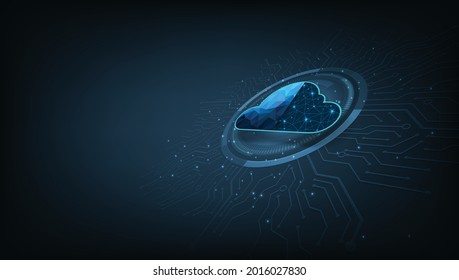 Cloud Technology design concept.Visualization of Cloud Technology on digital electric circuit circle background.Big data center, on dark blue background.
