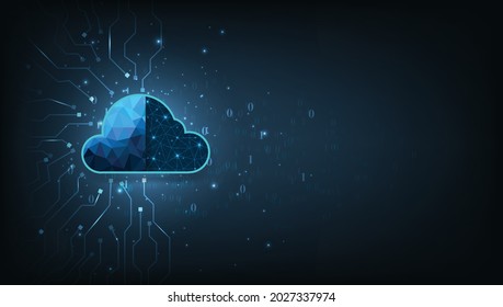 Cloud Technology design concept.Visualization of Cloud Technology on digital electric circuit circle background.Big data center, on dark blue background.