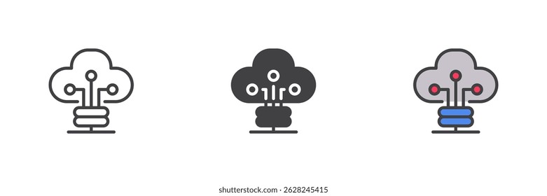 Cloud technology different style icon set. Line, glyph and filled outline colorful version, outline and filled vector sign. Cloud computing network symbol, logo illustration. Vector graphics