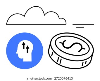 Cloud technology, financial strategy, innovation, economic growth, digital business, tech solutions. Head with arrows, coin and cloud symbols. Cloud technology and financial strategy concept