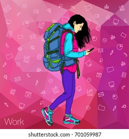 Cloud technology for freelancers and travelers. Girl reading a message on the phone.