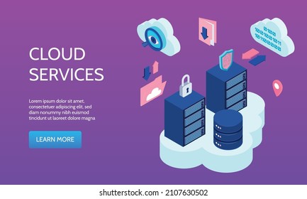 Cloud Technology Horizontal Banner With Cloudservices Symbols Isometric Vector Illustration