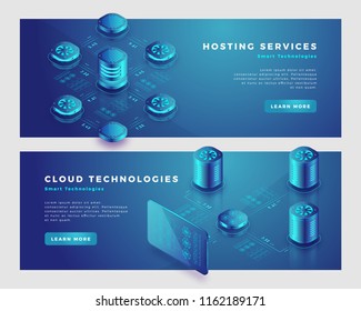 Cloud technology and hosting services concept. Landing page banner template. 3d isometric vector illustration.