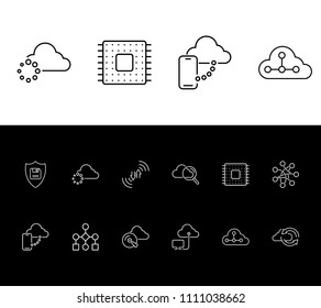 Cloud technology icon set and hardware with cloud search, website algorithm and data processing. Software as a service related cloud technology icon vector for web UI logo design.
